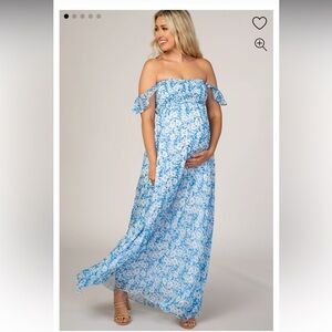 Blue Floral Flutter Sleeve Maternity Maxi Dress